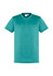 A teal short sleeve tee featuring a crew neckline and a subtle texture. It includes a branding logo.