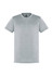 A grey short sleeve tee with a rounded neckline and a logo on the interior neck.