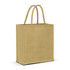A jute tote bag in a soft yellow hue with two sturdy handles and a blank design. It features a logo.