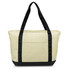 A large cream cooler bag with black straps and a top zip, featuring an exterior pocket and a logo.