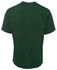 A green T-shirt with a round neckline and short sleeves, featuring a logo.