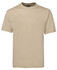 A beige T-shirt with a round neckline and short sleeves, featuring a branded label.