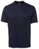 A navy blue T-shirt with a round neckline and short sleeves, featuring a branding logo.