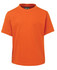 An orange kids' t-shirt with a round neckline and short sleeves, featuring a logo.