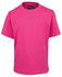 A bright pink kids' t-shirt with a round neckline and short sleeves, featuring a logo on the label.