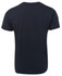 A navy V-neck T-shirt featuring a simple design and a plain back. It includes a logo.