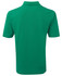 A green polo shirt featuring a collar and short sleeves, with a branding logo on the back.
