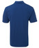 A blue polo shirt featuring a collar and short sleeves, with branding on the back.