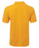 A yellow polo shirt featuring a classic collar and short sleeves, with a branding logo.
