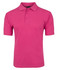 A pink polo shirt with short sleeves and a collar, featuring a three-button placket and a branding logo.