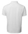 A plain white polo shirt featuring a collar and short sleeves, complete with a logo on the chest.