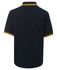 A navy polo shirt featuring contrasting yellow trim on the collar and sleeves, with a logo on the front.