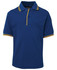 A royal blue polo shirt with yellow contrast detailing on the collar and sleeves. It features a buttoned placket and a logo.