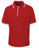 A bright red polo shirt featuring a buttoned placket and contrasting white collar and sleeve trims.