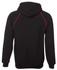 A black hoodie featuring contrasting red stitching and a hood. It has a logo on the back.