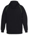 A black hoodie featuring green contrast stitching, with a spacious hood and ribbed cuffs. It has a logo on the back.