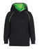 A black hoodie with a green inner lining and contrast stitching, featuring a front pocket and a hood.