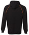 A black hoodie featuring orange contrast stitching along the seams and a hood. It has a branding logo.