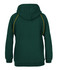 A green hoodie with a contrast yellow trim and a spacious hood, featuring a logo on the back.