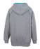A grey hoodie featuring a blue contrast trim, with a hood and kangaroo pocket, showing the back view.