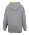 A grey hoodie featuring a contrast yellow lining and a hood, showcasing a relaxed fit and a simple design.