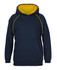 A navy hoodie with a yellow contrast lining, featuring a front pocket and a logo.
