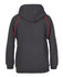 A black hoodie featuring red contrast detailing and a hood, showcasing the back view. It has a logo.