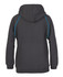 A black hoodie with a contrasting blue trim and a spacious hood, featuring a logo.