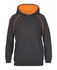 A black hoodie with an orange interior and contrasting stitching. It features a front pocket and a hood.