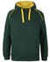 A green hoodie with a yellow inner lining and contrasting seams, featuring a front pocket and a drawstring hood.