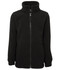 A black polar fleece jacket with a zip front, high collar, and side pockets. It features a logo on the chest.
