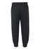 Black track pants with an elastic waistband and cuffed hems, featuring a logo on the front.