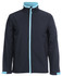 A soft shell jacket in black with light blue accents and a zip front. It features a high collar and side pockets.