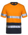 An orange and navy work t-shirt featuring reflective stripes and a pocket. It has a logo on the label.