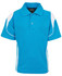 A blue polo shirt with white accents and a collar. It features a logo on the brand label.