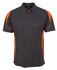 A polo shirt in dark grey with orange accents, featuring a collar and buttons, and a logo on the label.
