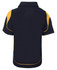 A navy polo shirt featuring yellow accents, with a logo on the side. The shirt has a classic collar and short sleeves.