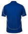 A blue polo shirt with white accents and a logo on the back.