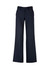 A pair of women's dark navy wool stretch pants with an adjustable waist and flared legs, featuring a waistband logo.