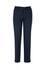 A pair of women's slim leg pants in navy wool blend, featuring a button closure and slight side slits.