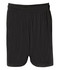 Black sports shorts featuring a breathable mesh design and an elastic waistband. Includes a branding logo.