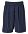 Navy sports shorts made from breathable mesh material, featuring an elastic waistband and a simple design.