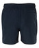 Dark navy sports shorts featuring an elastic waistband and a single back pocket. Includes a branding logo.
