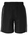 A pair of navy shorts with white accents, featuring an elastic waistband and a logo. Suitable for casual wear.