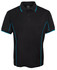 A black polo shirt with blue piping and a collar, featuring a logo on the label.