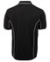 A black polo shirt featuring white piping along the seams and a back view. There is a logo on the collar.