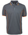 A grey polo shirt featuring orange piping, with a collar and a button placket, and a logo on the chest.