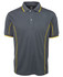 A grey polo shirt with yellow piping, featuring a collar and three buttons, and includes a logo.