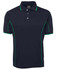 A navy polo shirt with green piping, featuring a collar and three buttons. It includes a logo on the front.