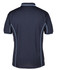 A navy blue polo shirt featuring light blue piping and a collar. It has a logo on the front.